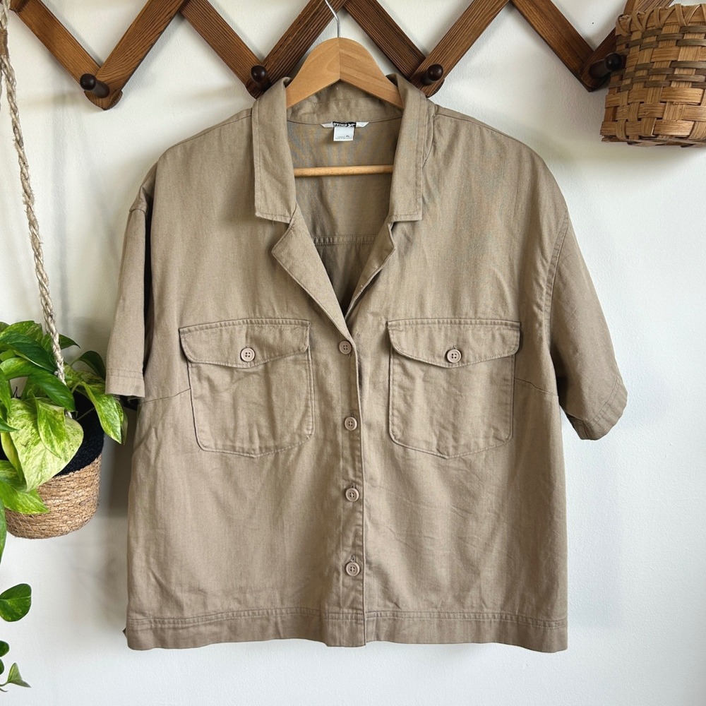 Eddie Bauer Womens PL Khaki Tan Cotton Short Sleeve Button Up Utility Shirt